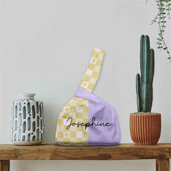Personalized Any Text Checked Collage  Japanese Wrist Knot Bag