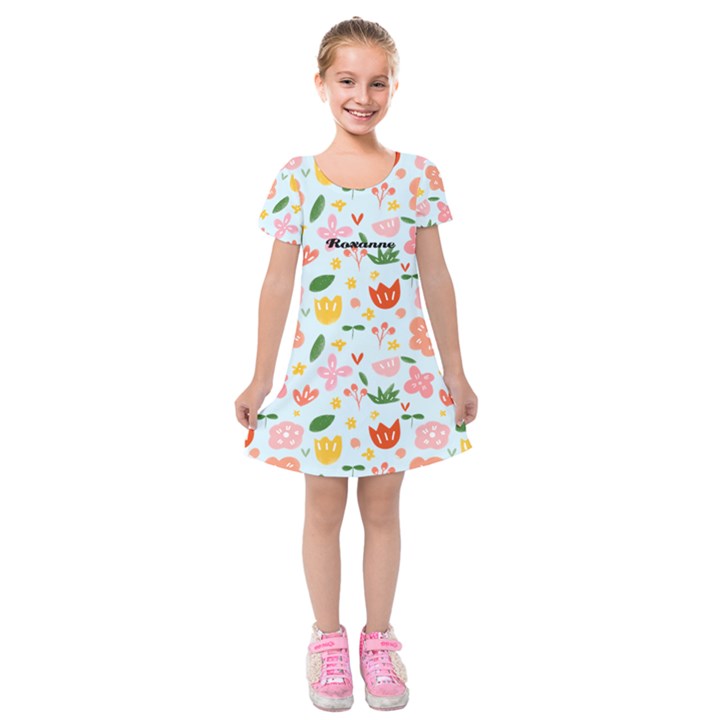 Personalized Any Text Hand Draw Flower Kids  Short Sleeve Velvet Dress