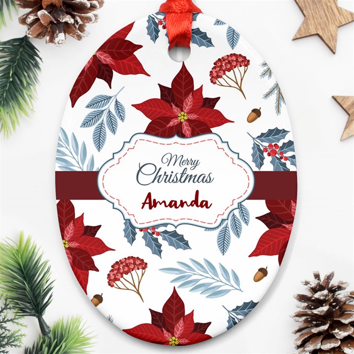 Personalized Name Christmas Poinsettia Ornament (Oval)