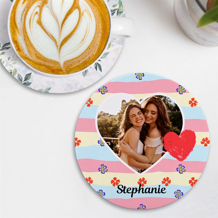 Personalized Heart Photo Name Round Tile Coaster UV Print Round Tile Coaster