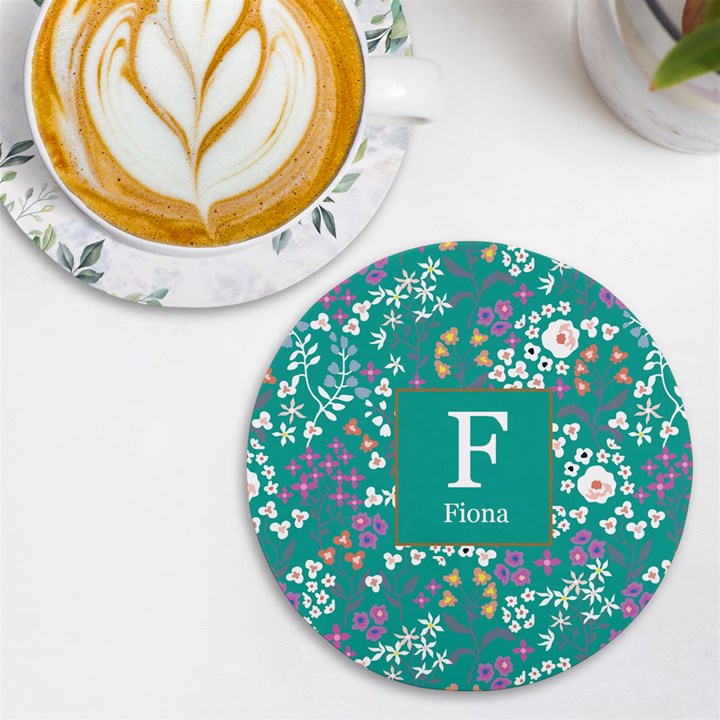 Personalized Floral Pattern Initial Name Round Tile Coaster UV Print Round Tile Coaster