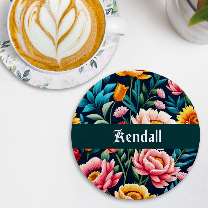 Personalized Floral Pattern Name Round Tile Coaster UV Print Round Tile Coaster