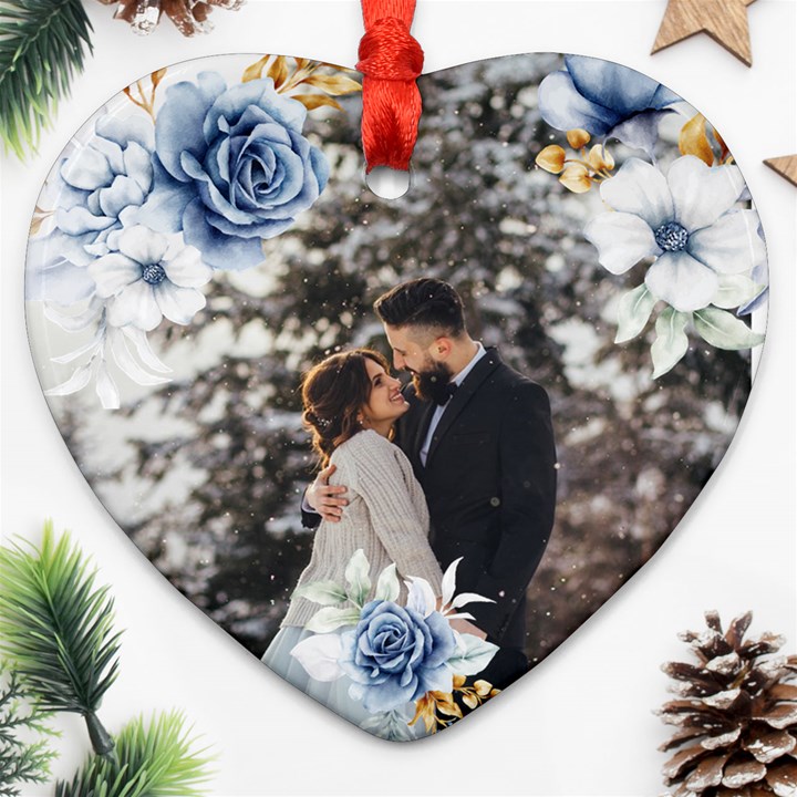 Personalized Flower Photo Name Heart Ornament (Two Sides) Heart Ornament (Two Sides)