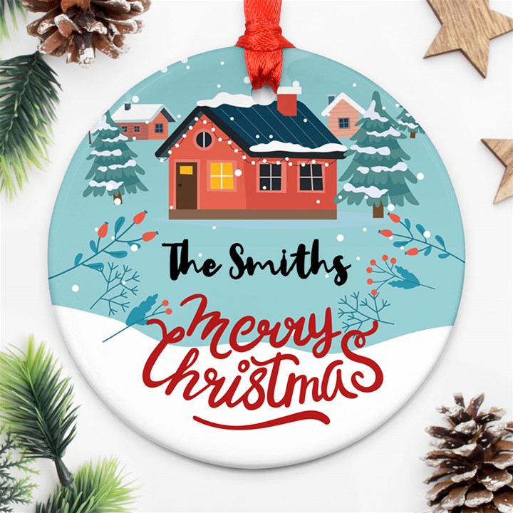 Personalized Christmas Family Name Any Text Photo Round Ornament Round Ornament (Two Sides)