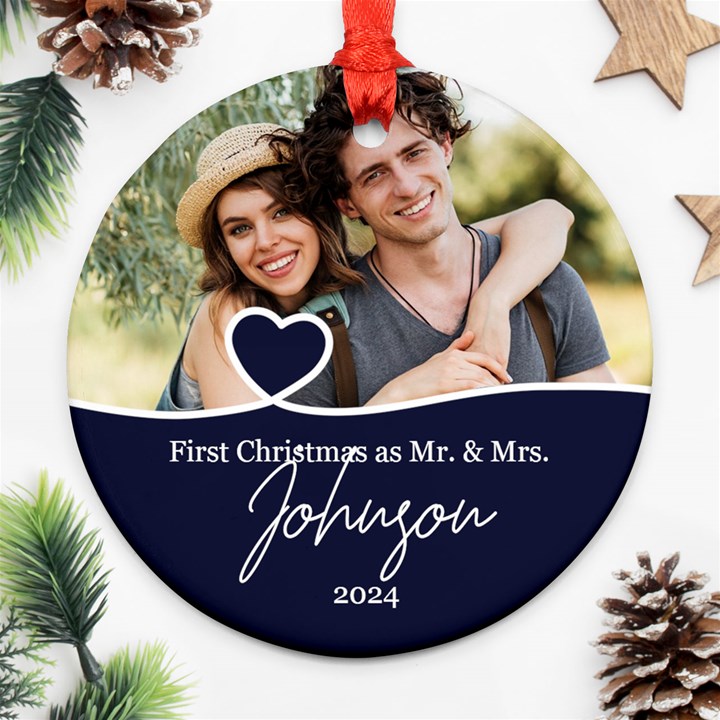 Personalized Christmas Anniversary Photo Name Any Text Round Ornament Round Ornament (Two Sides)