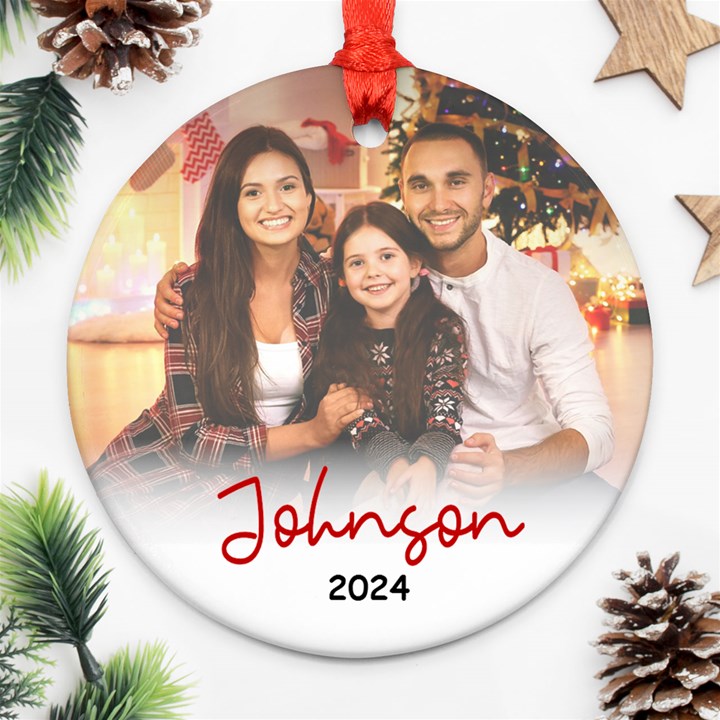 Personalized Photo Family Name Any Text Round Ornament Round Ornament (Two Sides)