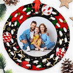 Personalized Merry Christmas Photo Family Name Any Text Round Filigree Ornament Round Filigree Ornament (Two Sides) Back