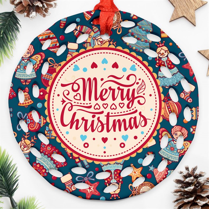 Personalized Merry Christmas Photo Name Any Text Round Filigree Ornament Round Filigree Ornament (Two Sides)