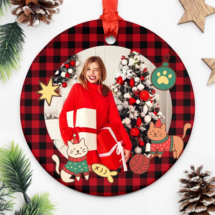 Personalized Photo Any Text Christmas Cat Round Ornament Round Ornament (Two Sides)