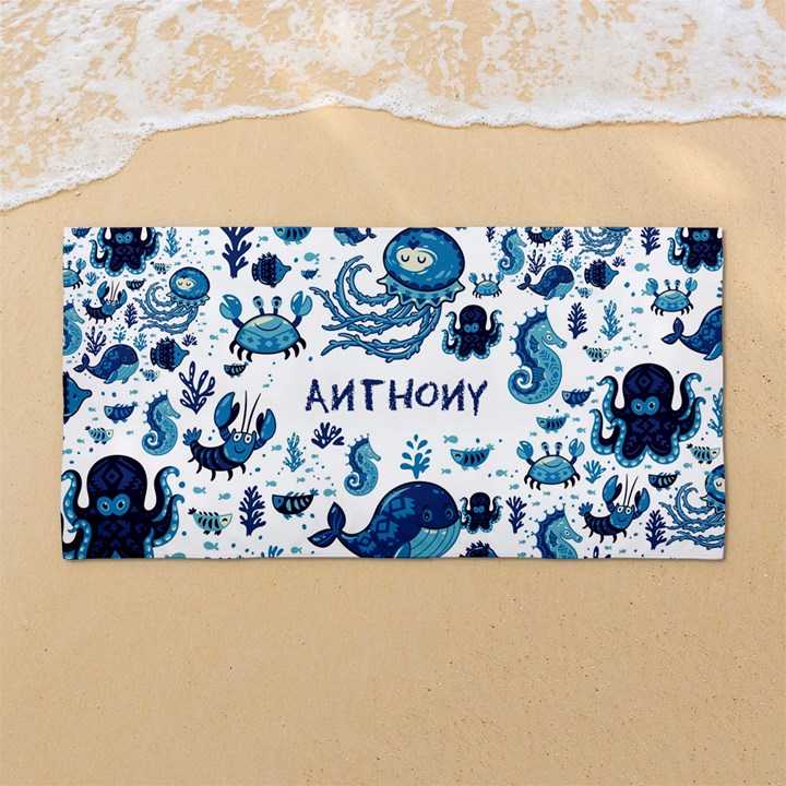Custom Ocean Animals in Blue Color Any Text Name 54 X27  Super Absorbent Beach Towel	